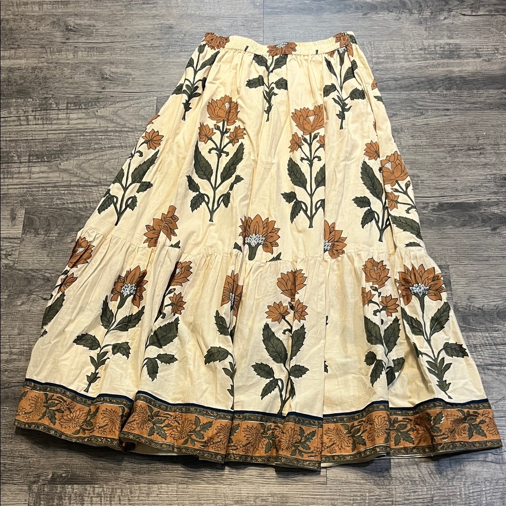 Sue Sartor Cream Floral Tiered Maxi Skirt with Green and Brown Motif - Picture 5 of 6